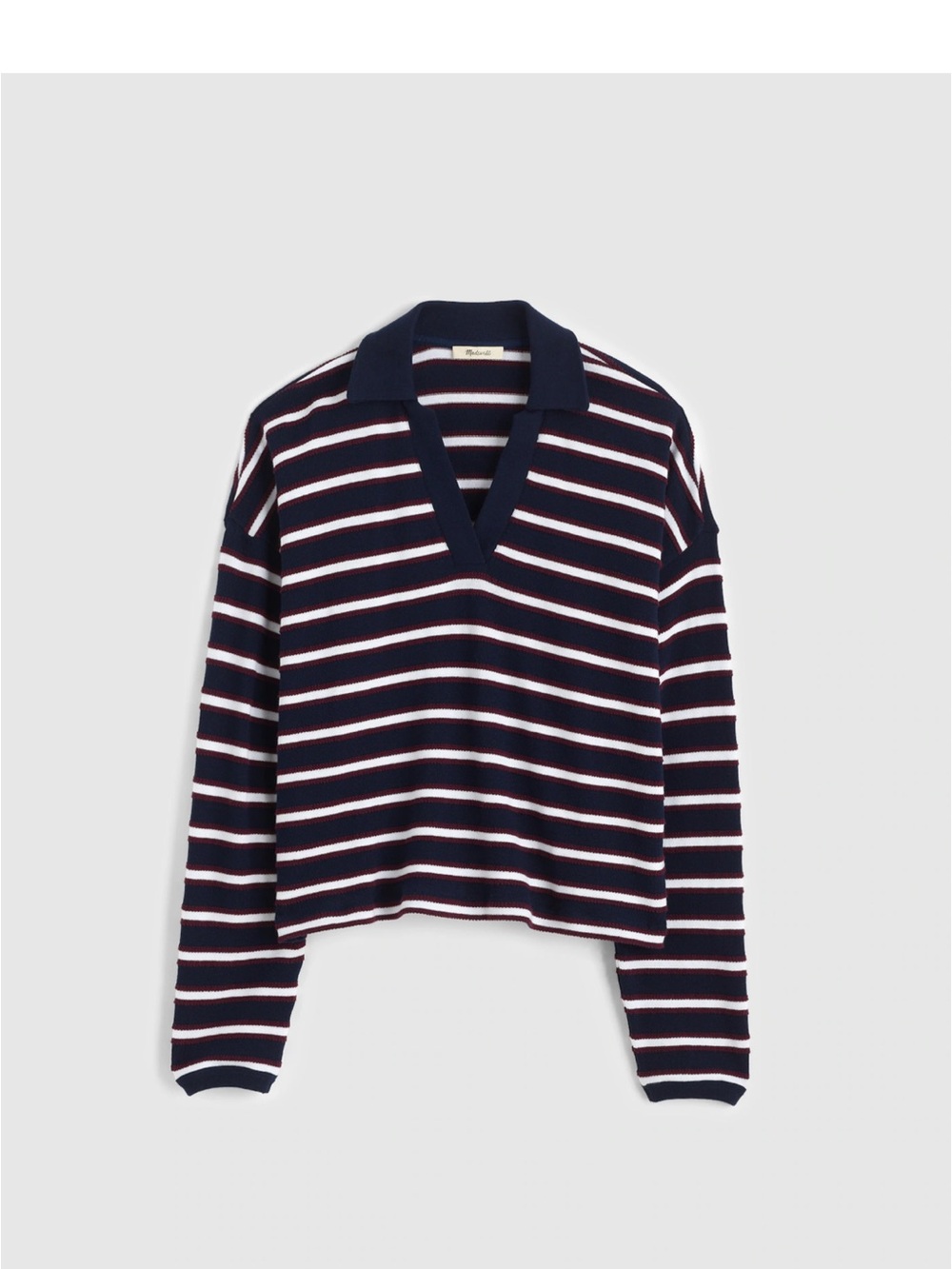 Madewell Relaxed Striped Navy V-Neck Polo Knit Sweater NY575 Large